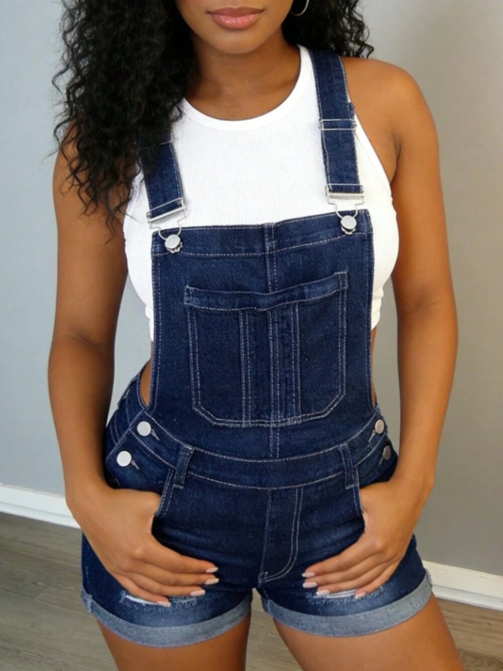 Women's Ripped Cuffed Denim Overalls Shorts Stretchy Slim-Fit, Adjustable Straps